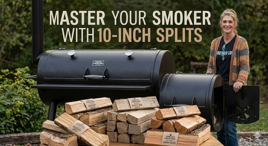 A professional black offset smoker with stacks of 10-inch heat-treated Hickory, White Oak, and Cherry wood splits in the foreground. Text overlay reads: MASTER YOUR SMOKER WITH 10-INCH SPLITS.