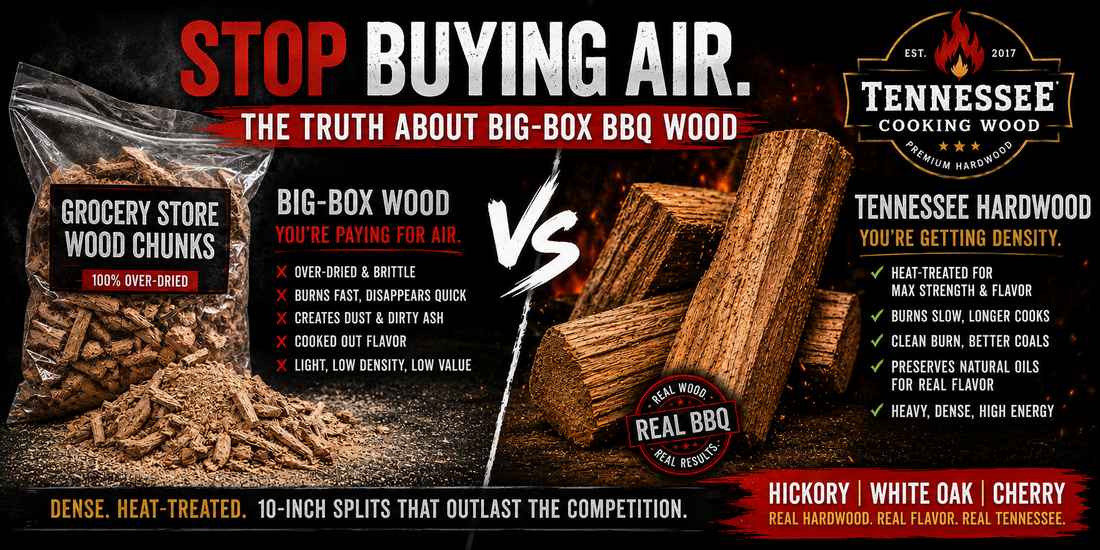 Comparison infographic titled "Stop Buying Air" showing the difference between brittle, over-dried grocery store wood chunks and dense, heat-treated Tennessee Cooking Wood 10-inch splits in Hickory, White Oak, and Cherry.