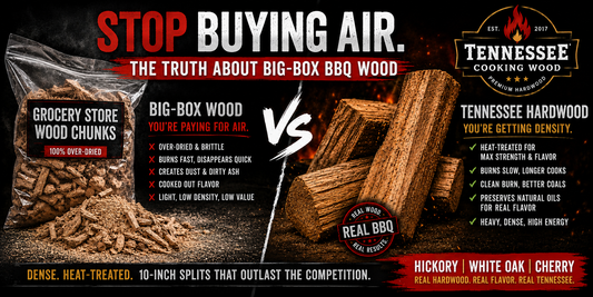 Comparison infographic titled "Stop Buying Air" showing the difference between brittle, over-dried grocery store wood chunks and dense, heat-treated Tennessee Cooking Wood 10-inch splits in Hickory, White Oak, and Cherry.