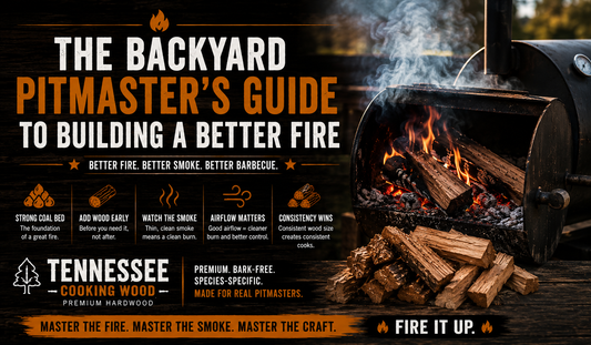 Offset smoker with clean smoke and premium hardwood splits demonstrating proper fire management for barbecue.