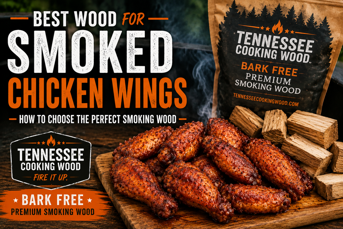 Smoked chicken wings with bark-free premium smoking wood chunks and Tennessee Cooking Wood branding, illustrating the best wood species for smoking flavorful chicken wings.