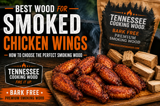 Smoked chicken wings with bark-free premium smoking wood chunks and Tennessee Cooking Wood branding, illustrating the best wood species for smoking flavorful chicken wings.