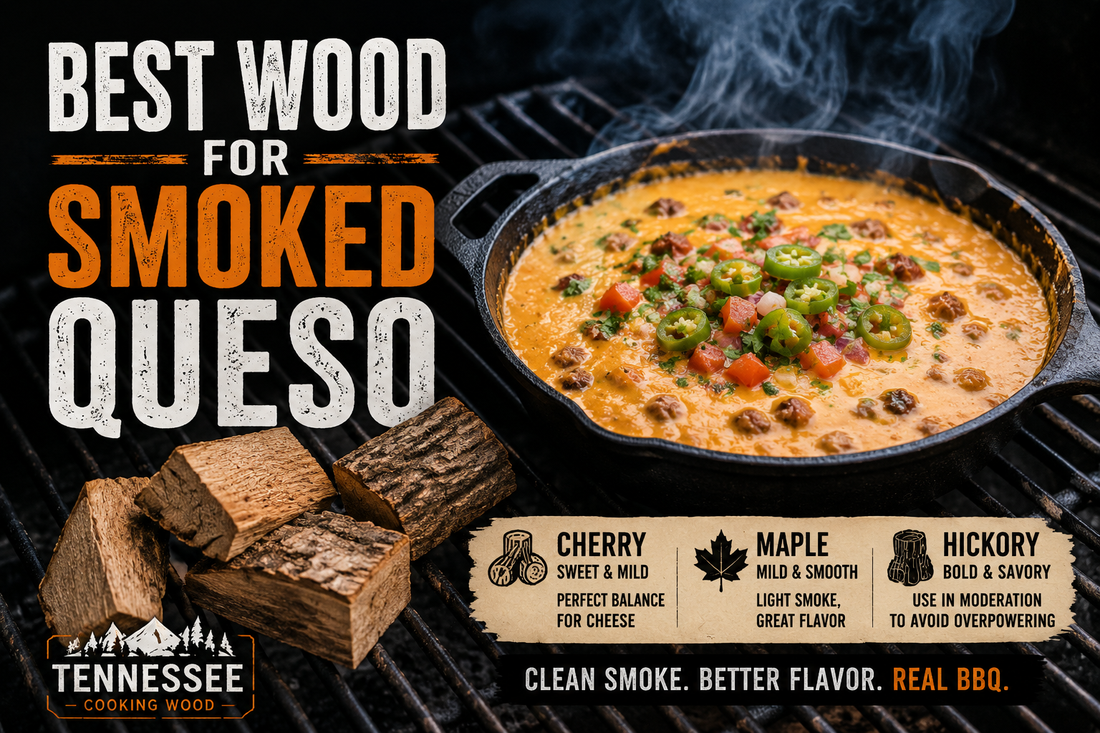 Cast iron skillet filled with smoked queso on a BBQ grill beside hardwood smoking wood chunks with clean smoke rolling in the background and text reading “Best Wood for Smoked Queso.”
