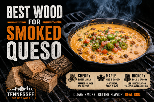 Cast iron skillet filled with smoked queso on a BBQ grill beside hardwood smoking wood chunks with clean smoke rolling in the background and text reading “Best Wood for Smoked Queso.”