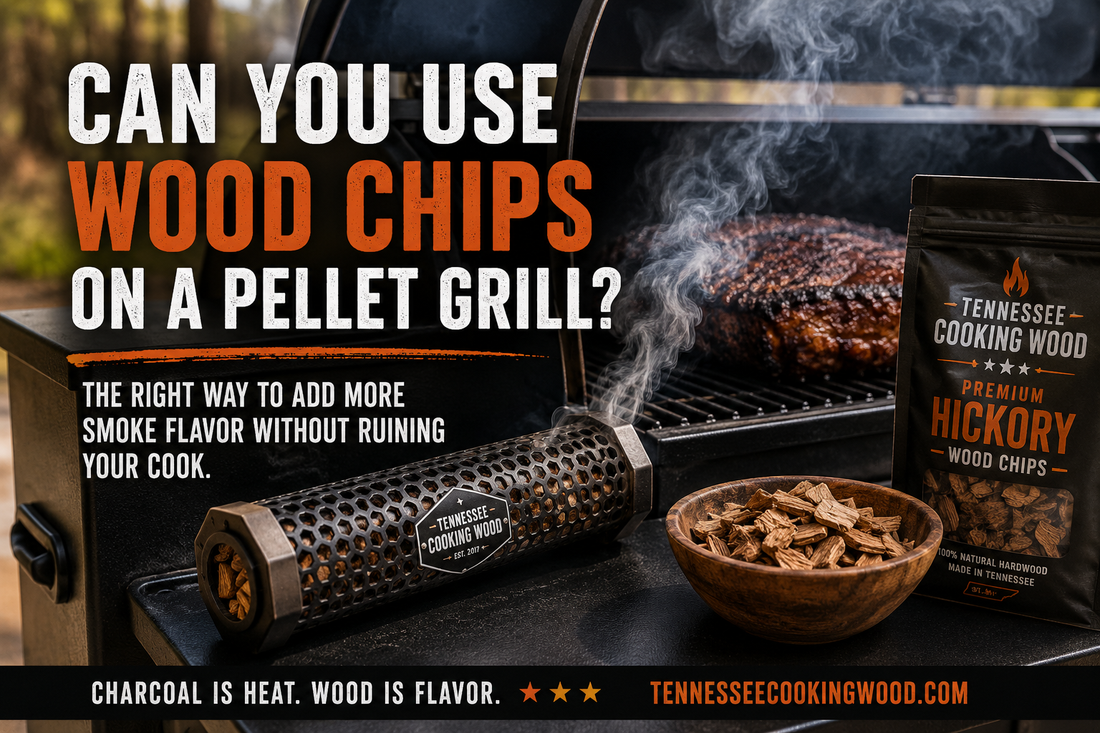 Smoke tube and premium hardwood wood chips being used on a pellet grill to create clean smoke flavor during barbecue cooking with Tennessee Cooking Wood.
