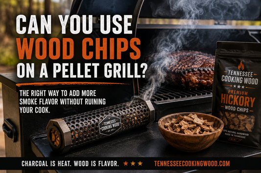 Smoke tube and premium hardwood wood chips being used on a pellet grill to create clean smoke flavor during barbecue cooking with Tennessee Cooking Wood.