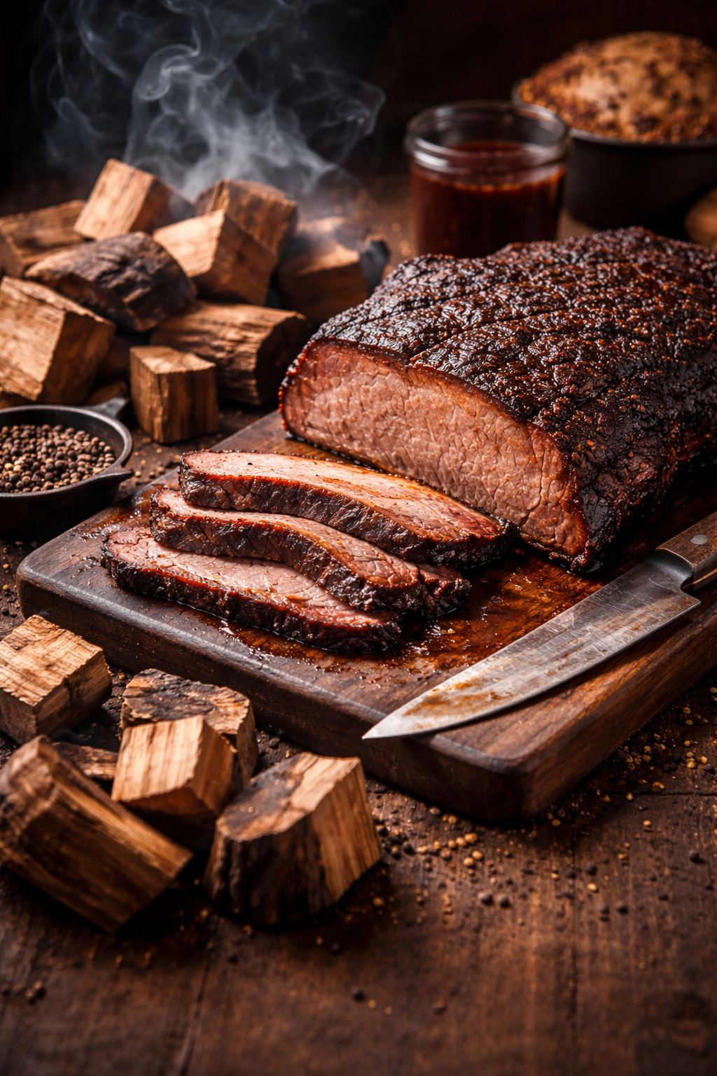 “Smoked brisket sliced on cutting board with hardwood smoking wood chunks and barbecue smoke.”