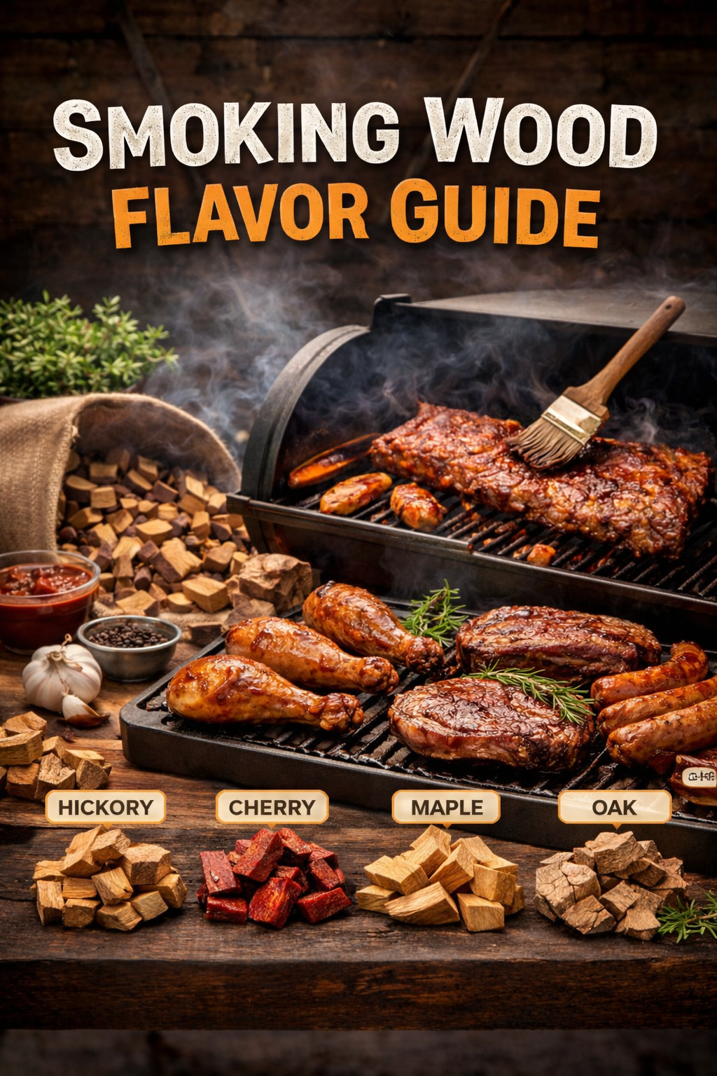 “Smoking wood flavor guide showing hickory, cherry, maple, and oak hardwoods for BBQ smoking.”