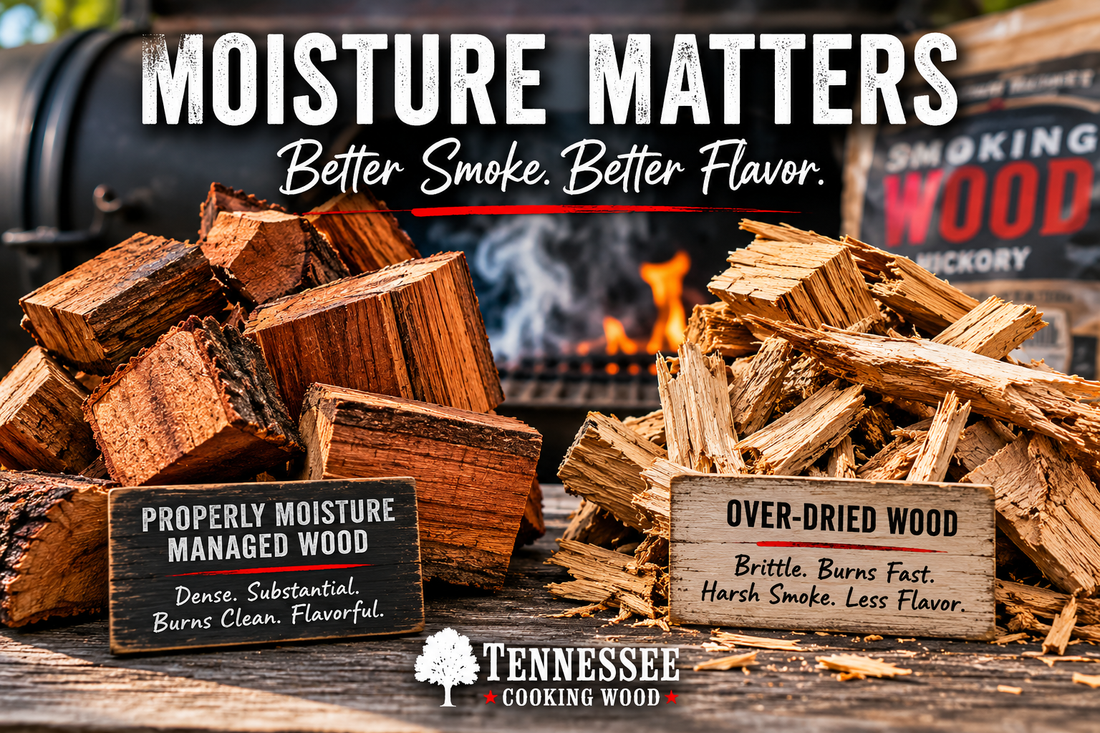 Comparison of properly moisture-managed premium hardwood smoking chunks beside brittle over-dried wood, showing how proper moisture content creates cleaner smoke, steadier burns, and better barbecue flavor.