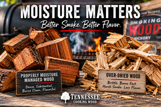 Comparison of properly moisture-managed premium hardwood smoking chunks beside brittle over-dried wood, showing how proper moisture content creates cleaner smoke, steadier burns, and better barbecue flavor.