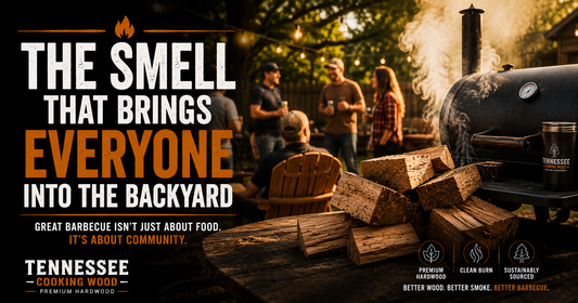 Backyard offset smoker producing clean smoke while friends gather around, celebrating barbecue and premium smoking wood.