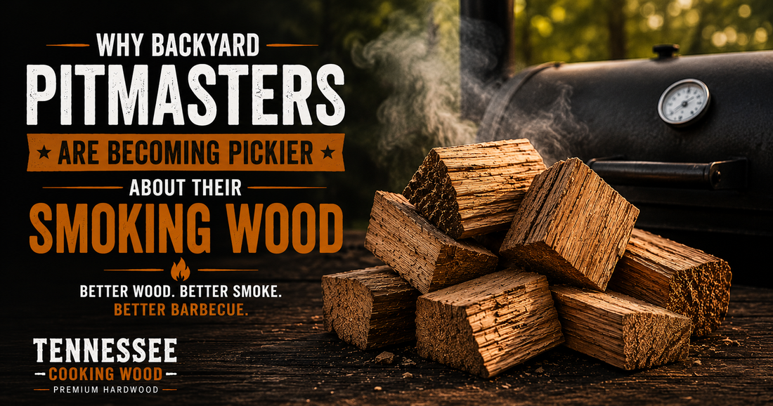 Stack of premium bark-free smoking wood next to an offset smoker promoting quality hardwood for better barbecue flavor.