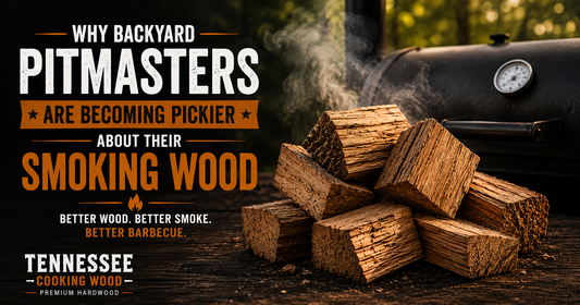 Stack of premium bark-free smoking wood next to an offset smoker promoting quality hardwood for better barbecue flavor.