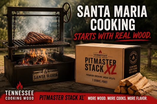 Santa Maria style grill cooking over an open hardwood fire beside a Tennessee Cooking Wood Pitmaster Stack XL box filled with premium smoking wood splits for live-fire cooking, grilling, and barbecue.