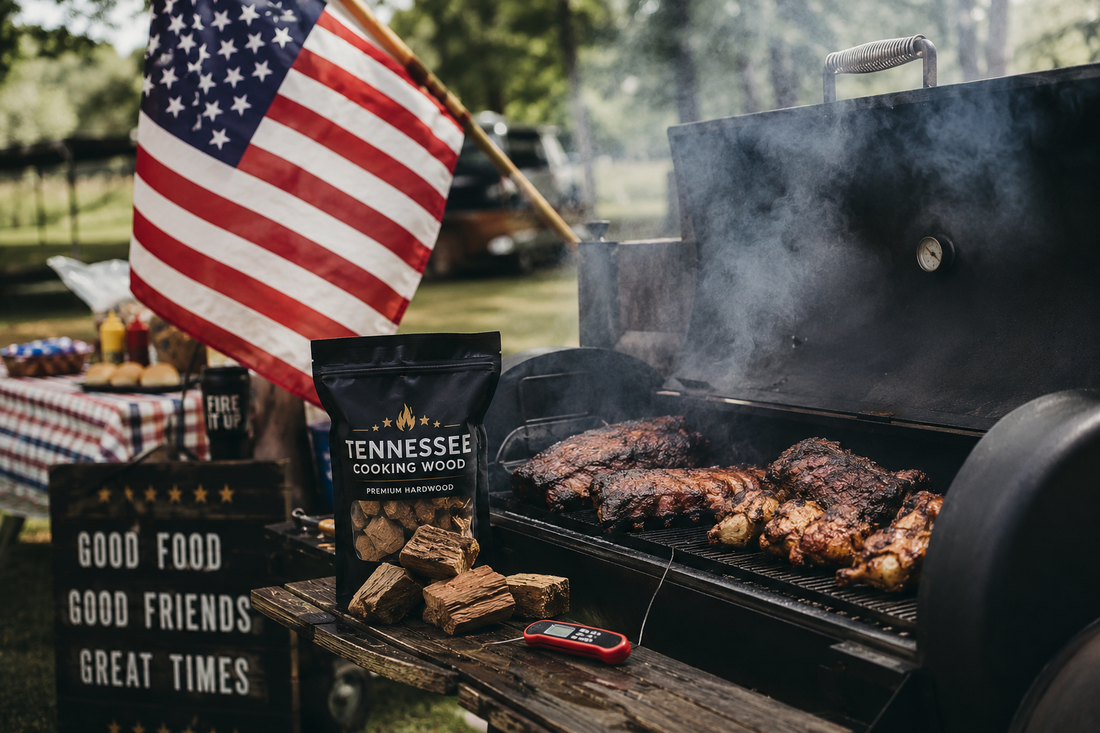 Memorial Day backyard BBQ with smoker, hardwood smoke, and barbecue cooking outdoors