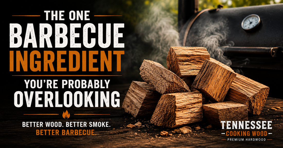 Premium bark-free hardwood smoking wood stacked for barbecue with message about the most overlooked ingredient in great BBQ.