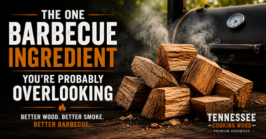 Premium bark-free hardwood smoking wood stacked for barbecue with message about the most overlooked ingredient in great BBQ.