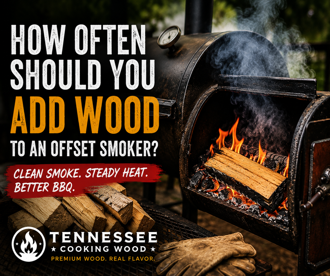 Offset smoker with a burning wood split and clean smoke, illustrating when to add wood for consistent barbecue temperatures.