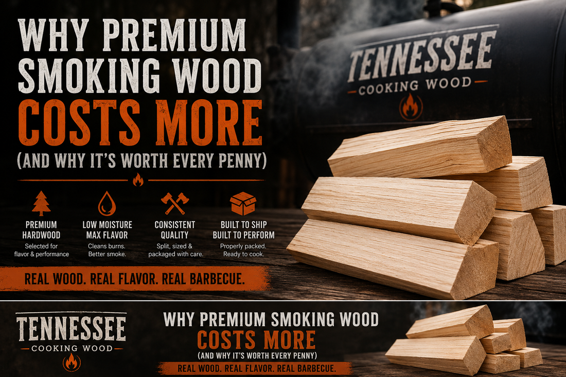 "Premium bark-free hardwood smoking splits from Tennessee Cooking Wood beside an offset smoker with text explaining why premium smoking wood costs more and delivers better barbecue flavor.