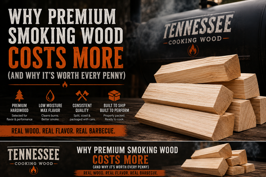 "Premium bark-free hardwood smoking splits from Tennessee Cooking Wood beside an offset smoker with text explaining why premium smoking wood costs more and delivers better barbecue flavor.