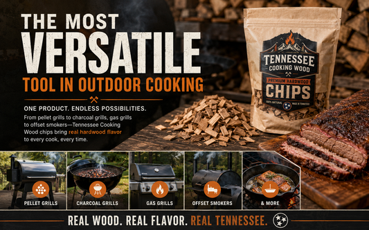Tennessee Cooking Wood premium hardwood smoking chips displayed beside smoked barbecue with multiple grill types shown, highlighting the versatility of small-batch Tennessee wood chips for pellet grills, charcoal grills, gas grills, and offset smokers.