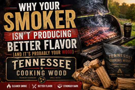 Promotional Tennessee Cooking Wood blog graphic featuring an offset smoker with clean smoke, stacked premium hardwood, bold article title about improving BBQ flavor, and Tennessee Cooking Wood premium small-batch branding.