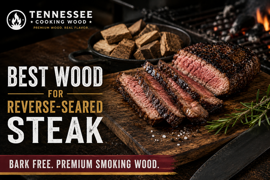 Reverse-seared steak with premium bark-free smoking wood chunks by Tennessee Cooking Wood.