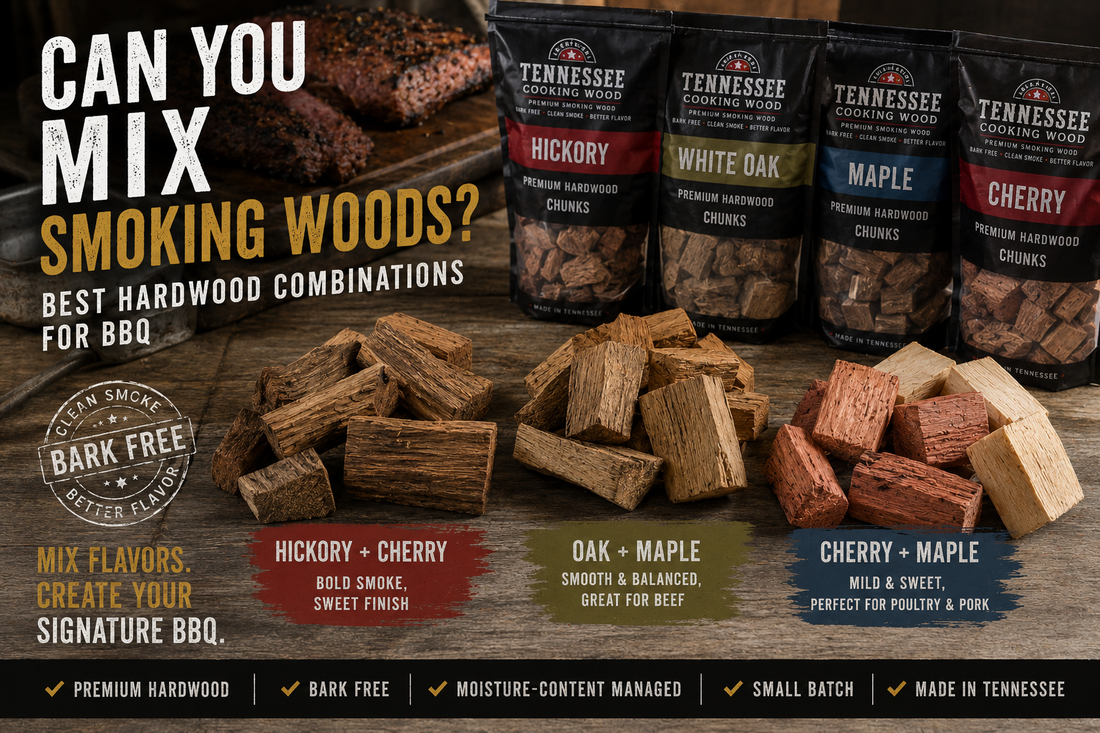 Bark-free hickory, white oak, maple, and cherry smoking wood arranged in popular hardwood combinations for barbecue beside premium Tennessee Cooking Wood products.