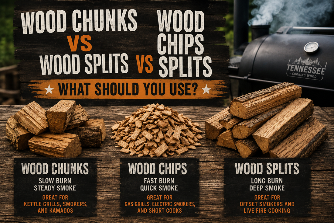 Side-by-side comparison of wood chunks, wood chips, and wood splits on a rustic BBQ prep table beside a smoker with clean smoke, explaining the best use for each type of smoking wood.