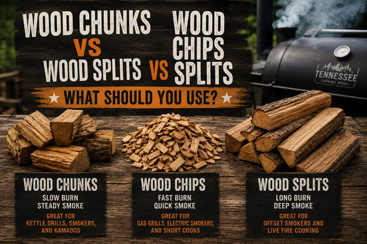 Side-by-side comparison of wood chunks, wood chips, and wood splits on a rustic BBQ prep table beside a smoker with clean smoke, explaining the best use for each type of smoking wood.