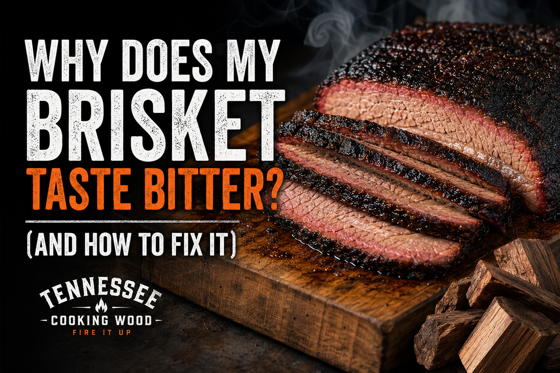 Smoked brisket with hardwood chunks and clean smoke for a barbecue fire management article.