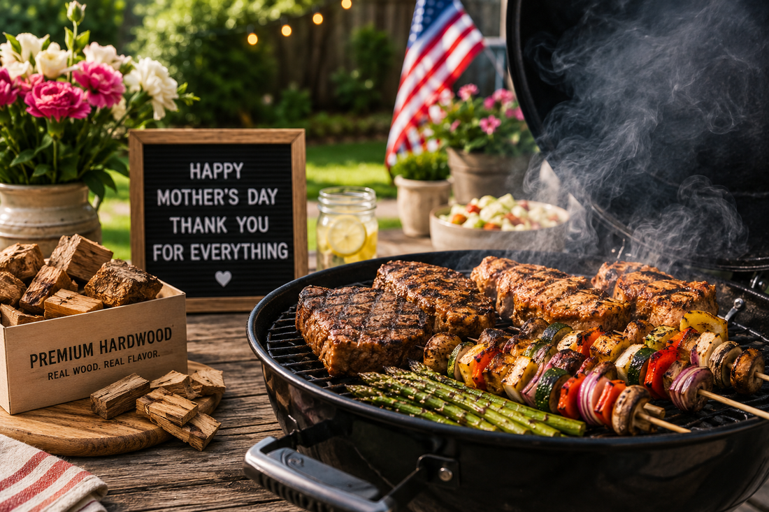 Mother’s Day weekend backyard BBQ with charcoal grill, steaks, vegetables, and hardwood smoke