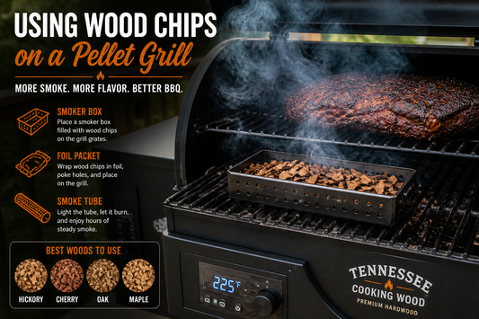 Wood chips smoking on pellet grill using smoker box for added BBQ flavor