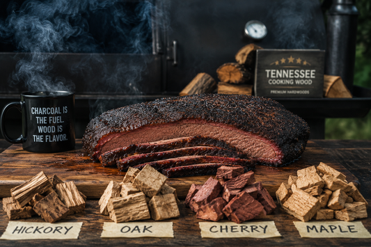 Smoked brisket with hickory, oak, cherry, and maple hardwood used for layered BBQ smoke flavor