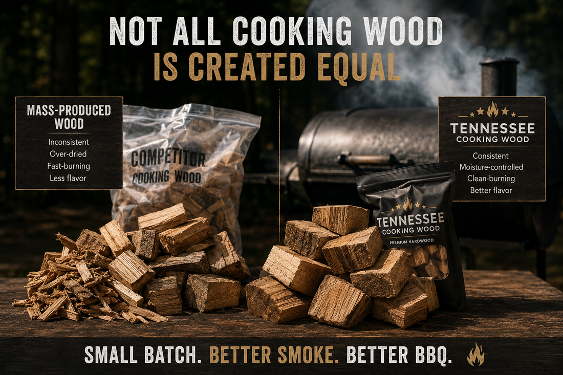 Comparison of mass-produced BBQ wood versus small-batch Tennessee Cooking Wood showing cleaner smoke, consistent hardwood chunks, and better burn quality