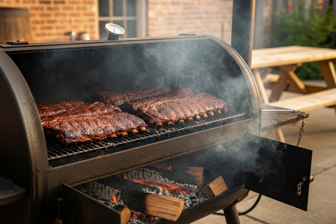 Pork ribs smoking on a charcoal grill with hardwood splits for BBQ flavor.