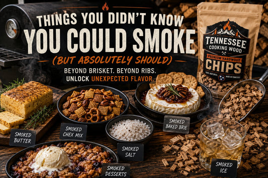 Creative smoked foods including smoked butter, smoked Chex mix, smoked salt, smoked baked brie, smoked dessert, and smoked ice displayed with Tennessee Cooking Wood premium hardwood chips.