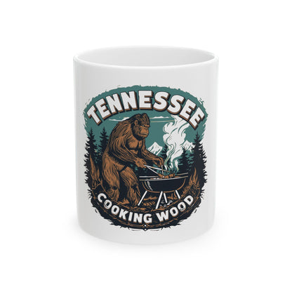 Bigfoot Grilling Coffee Mug — Sasquatch Grilling Retro Forest 11oz