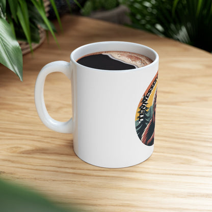 Bigfoot Needs Coffee Mug — Sasquatch Holding Coffee Cup Retro Forest 11oz