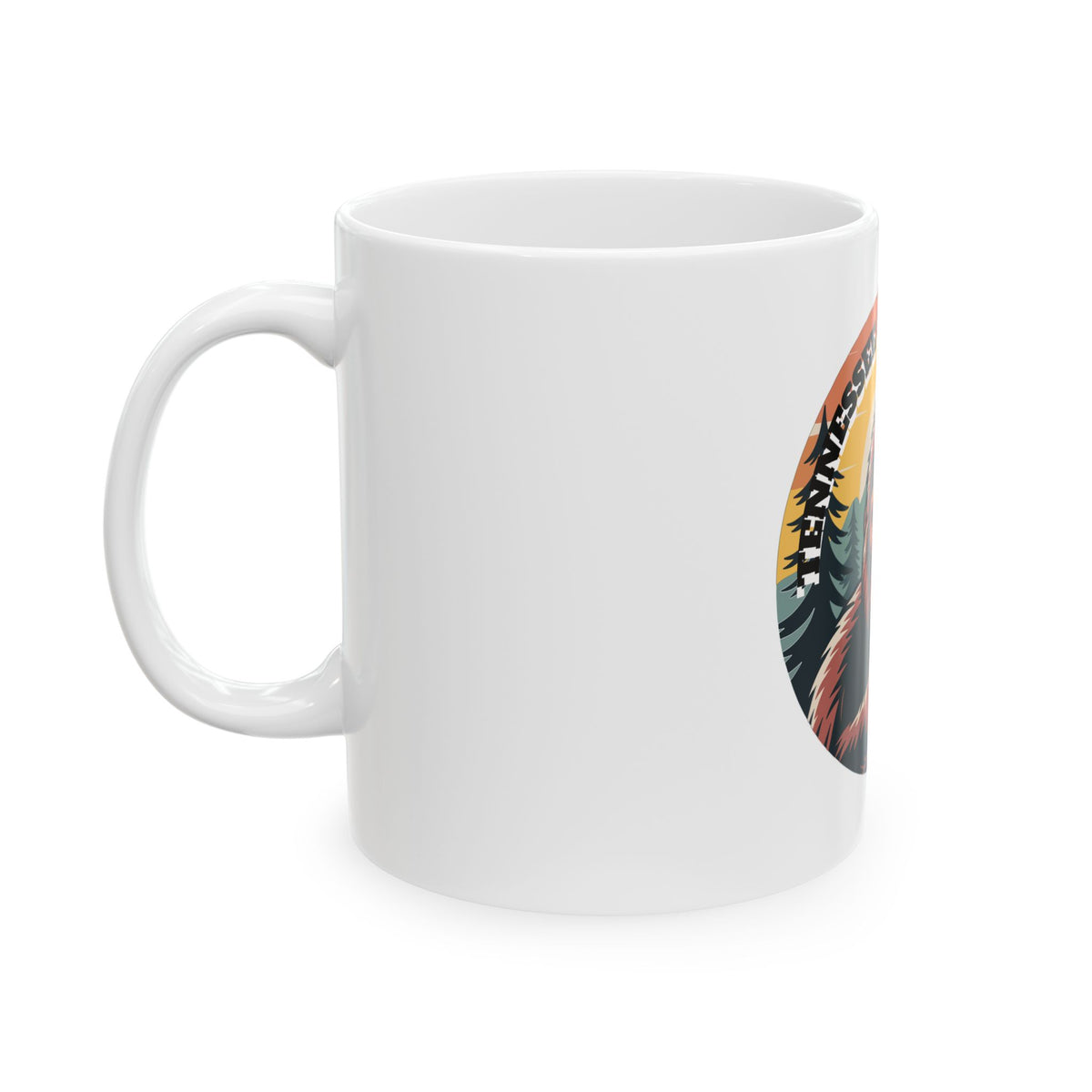 Bigfoot Needs Coffee Mug — Sasquatch Holding Coffee Cup Retro Forest 11oz