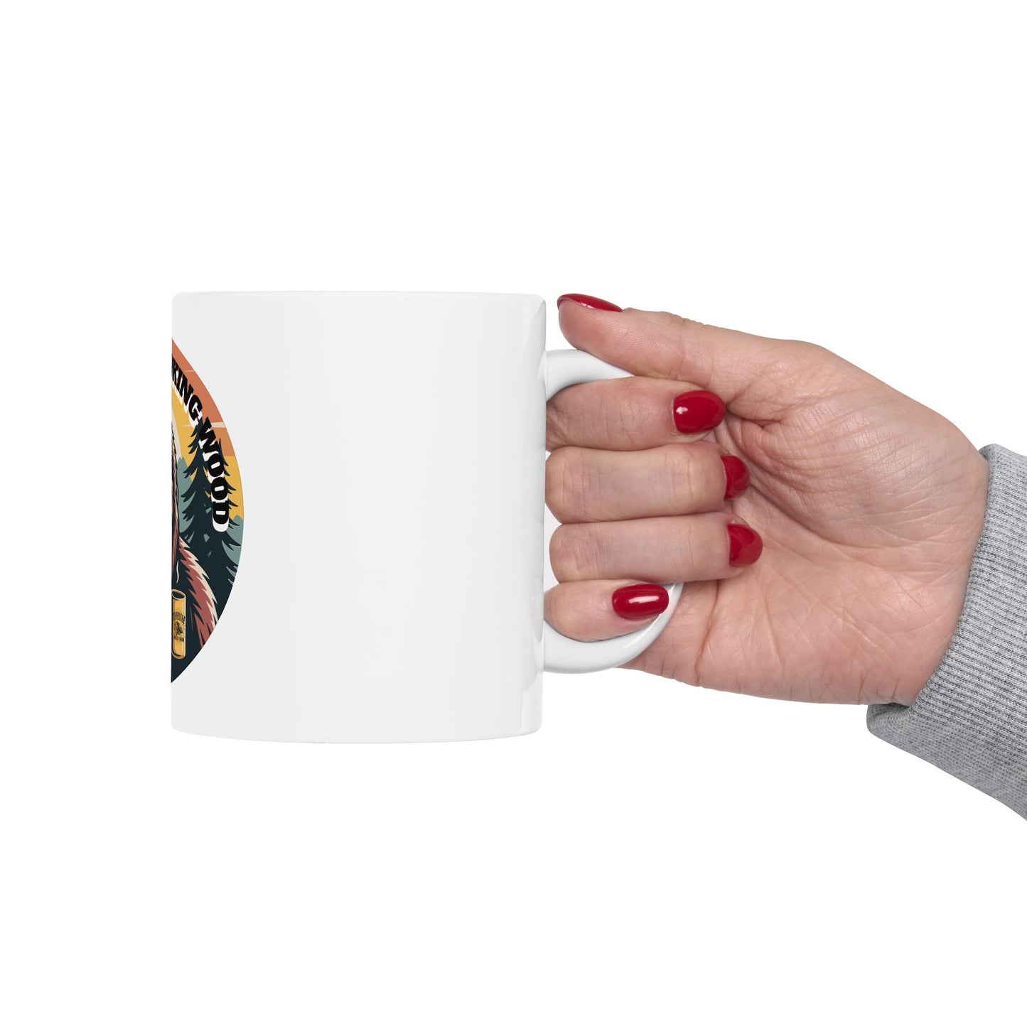 Bigfoot Needs Coffee Mug — Sasquatch Holding Coffee Cup Retro Forest 11oz