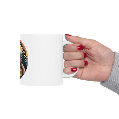 Bigfoot Needs Coffee Mug — Sasquatch Holding Coffee Cup Retro Forest 11oz