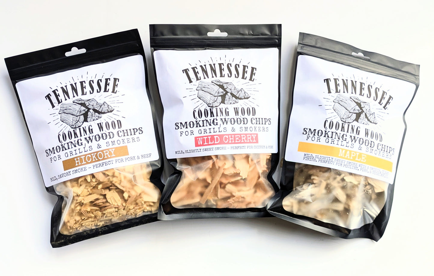 Premium Smoking Wood Chips Variety Pack – Cherry, Hickory, Oak, Maple | Clean Burning BBQ Flavor