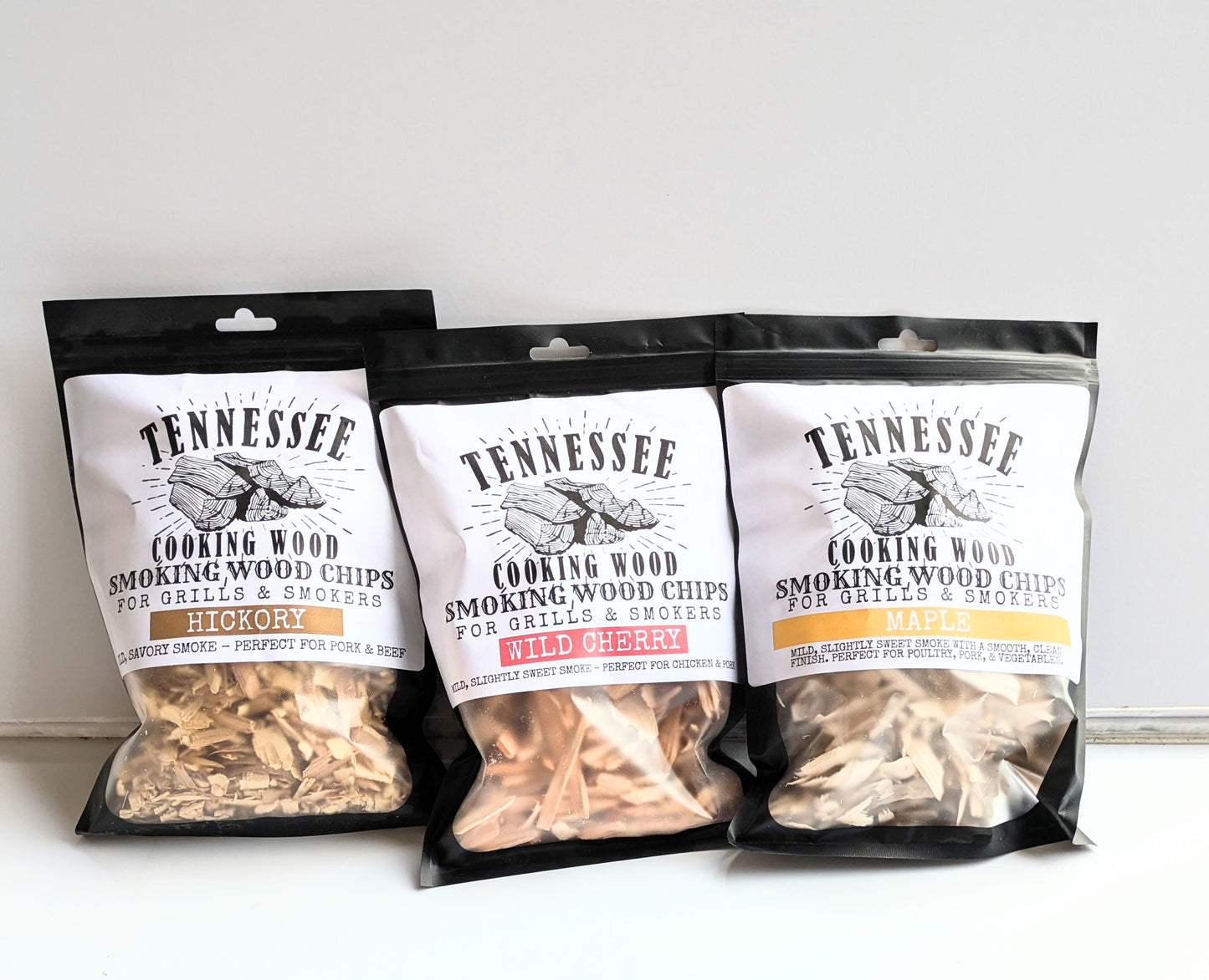 Premium Smoking Wood Chips Variety Pack – Cherry, Hickory, Oak, Maple | Clean Burning BBQ Flavor